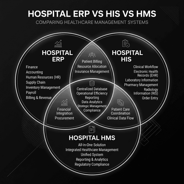 Hospital ERP vs HIS vs HMS Venn Diagram
