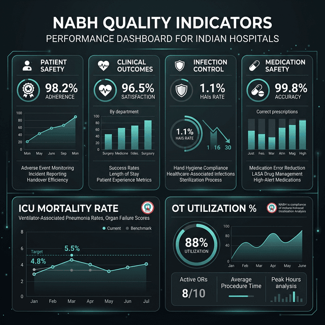 NABH Quality Indicators Dashboard showing patient safety, clinical outcomes, and infection control KPIs