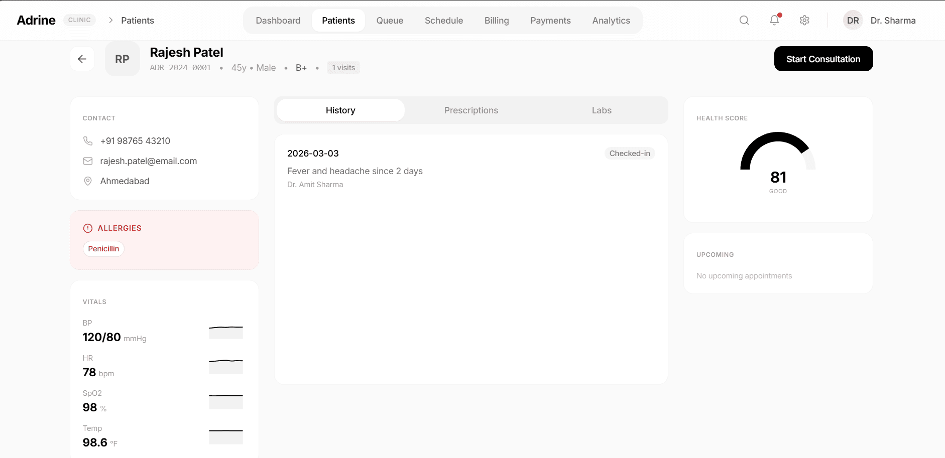 Adrine EMR - Patient profile with health score, vitals, allergies and visit history