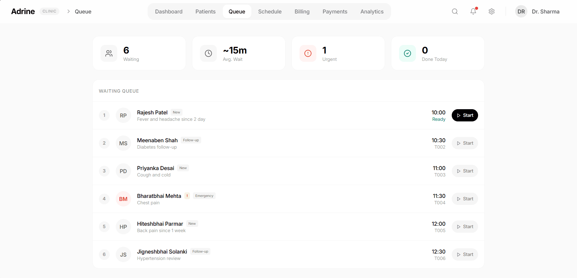 Adrine Clinic Queue Management - Patient waiting list with time slots and status