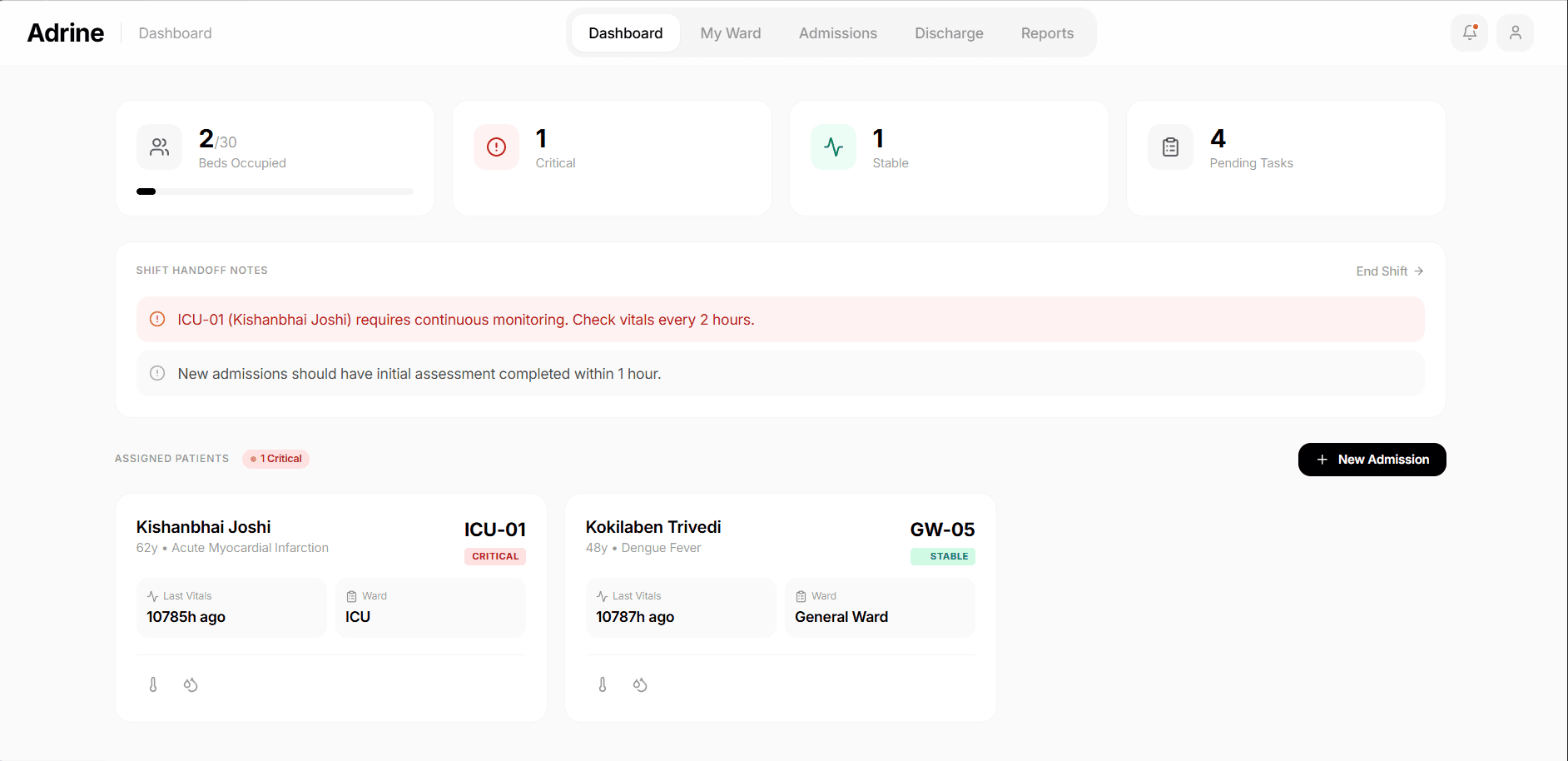 Adrine IPD Management - Bed occupancy tracking with patient assignment and status