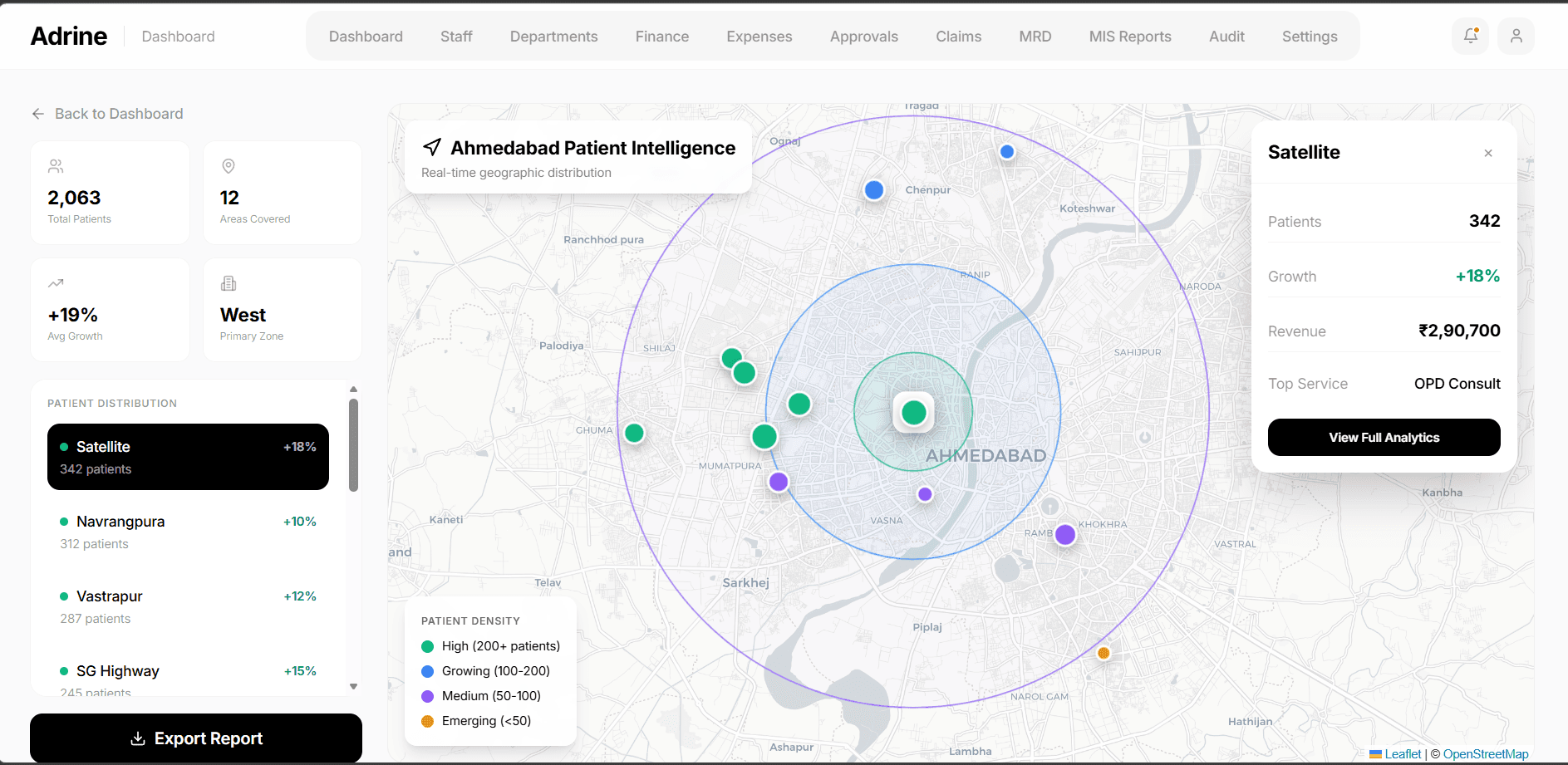 Adrine Multi-Branch Analytics - Geographic patient density map across hospital branches
