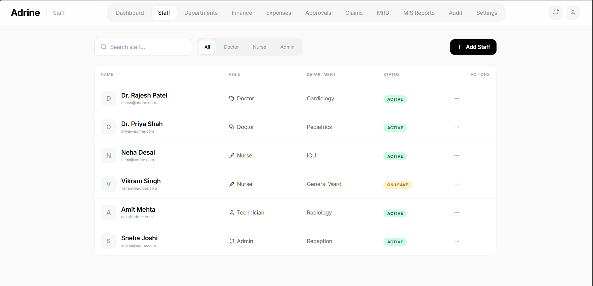 Adrine Staff Management - Role-based staff directory with department assignment and status