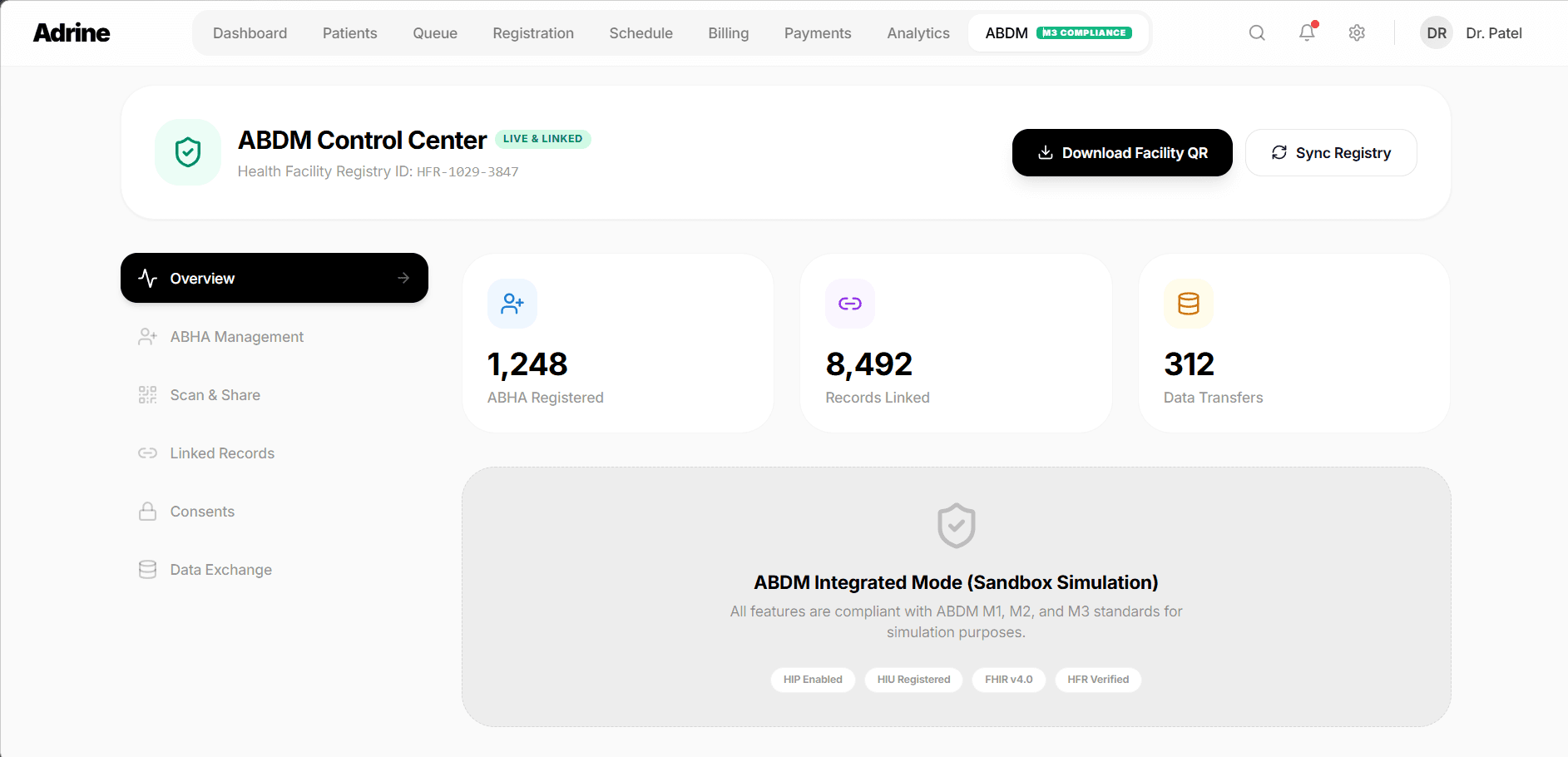 Adrine ABDM Integration - Live health facility with ABHA management and data exchange