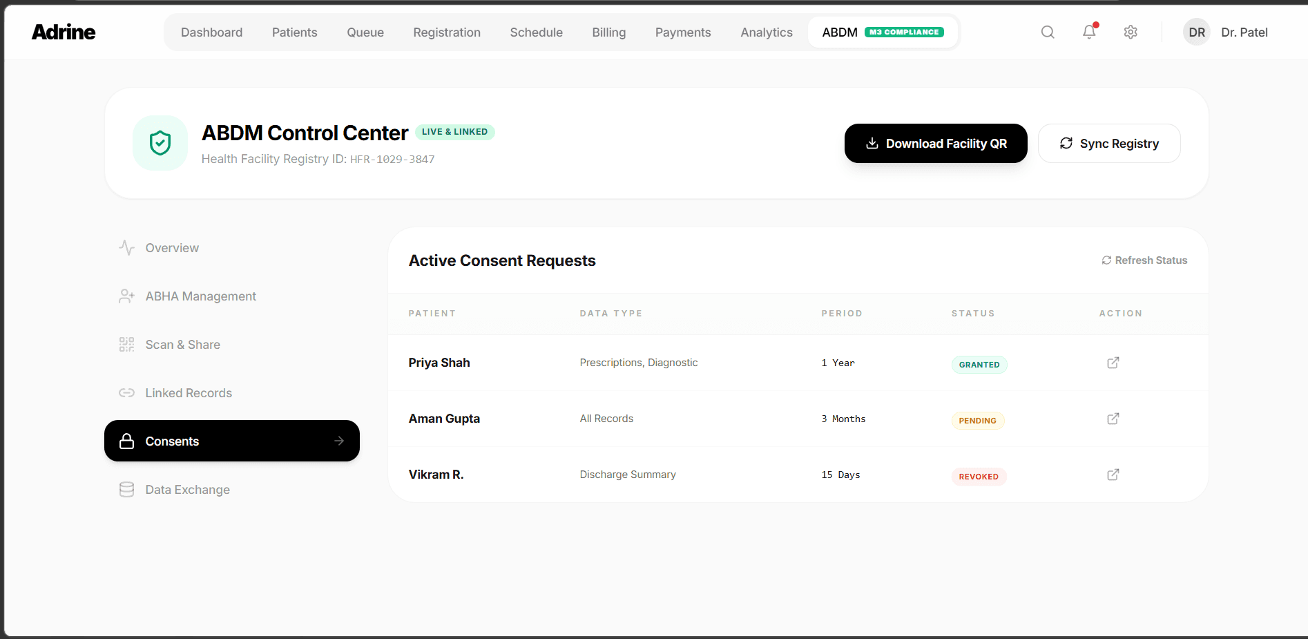Adrine ABDM Consent Management - Active consent requests with patient data type and status