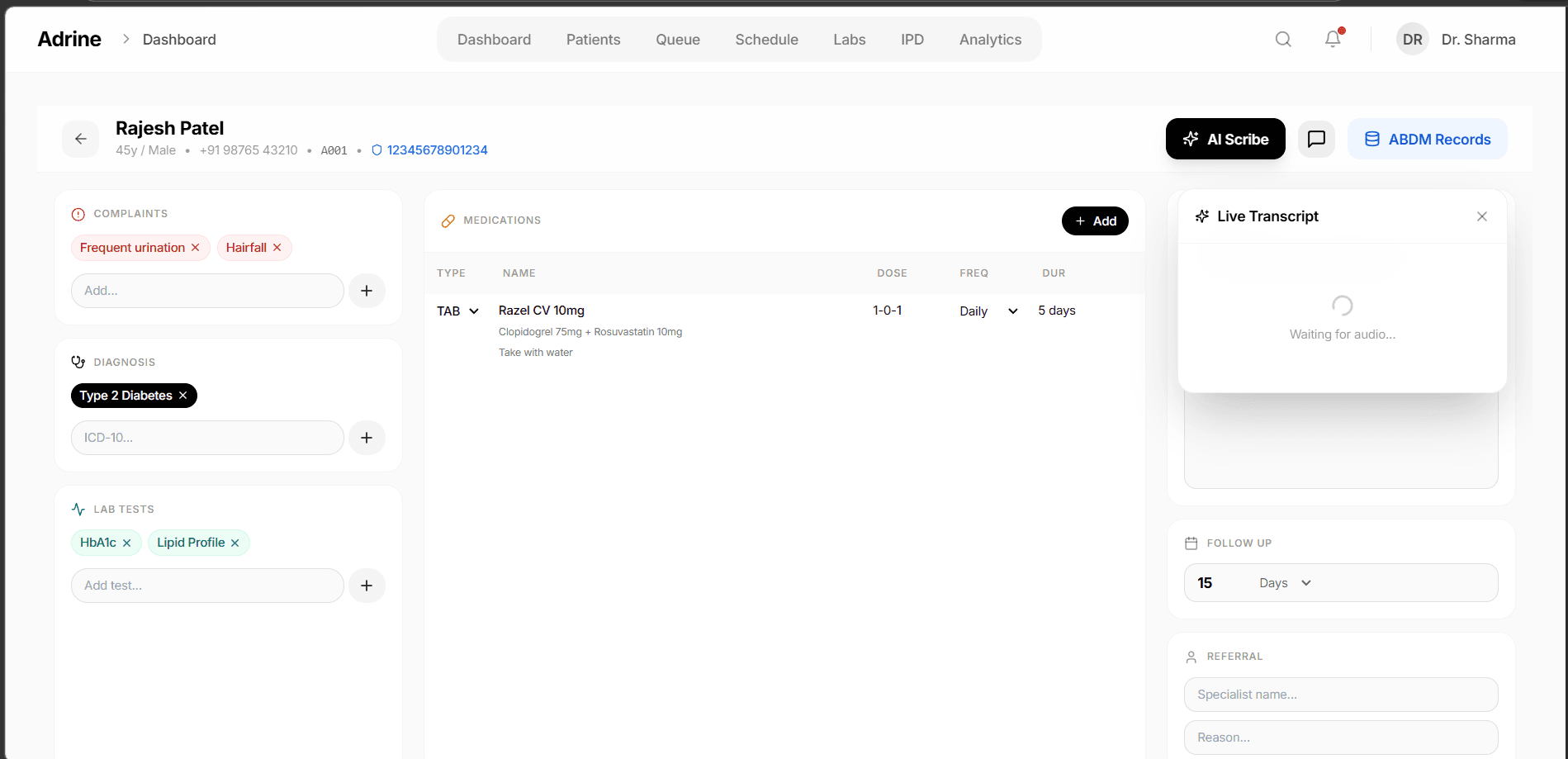 Adrine AI Scribe - Live transcript with complaints, diagnosis, medications, and ABDM records