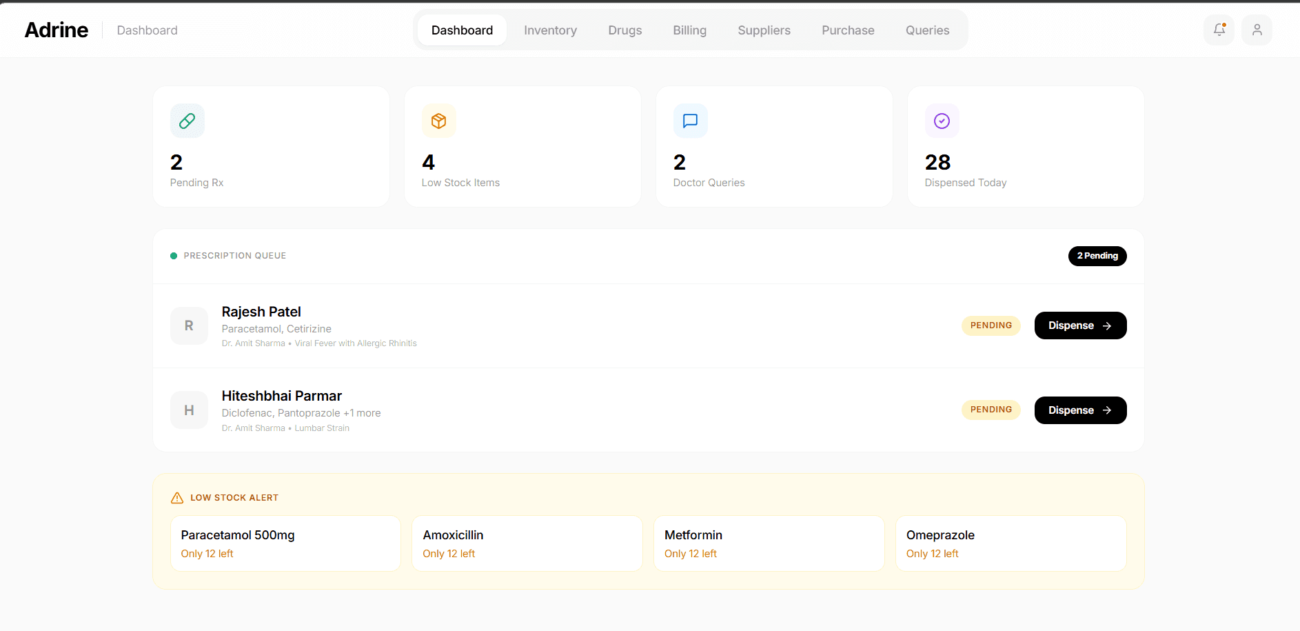 Adrine Pharmacy Billing Software — GST compliant billing with prescription queue and low stock alerts